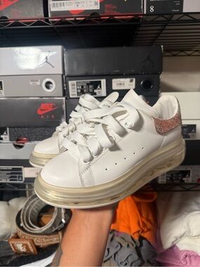 Alexander McQueen White Sneakers with Pink Glitter Heel and Clear Chunky Sole